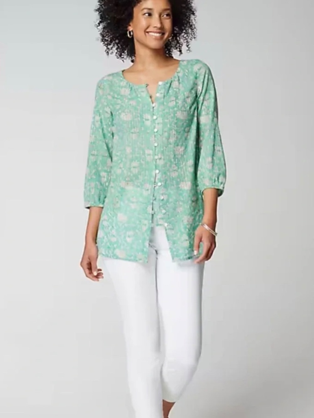 J. Jill Pure Jill Button-Front Tunic Floral 3/4 Sleeves XL Petite
